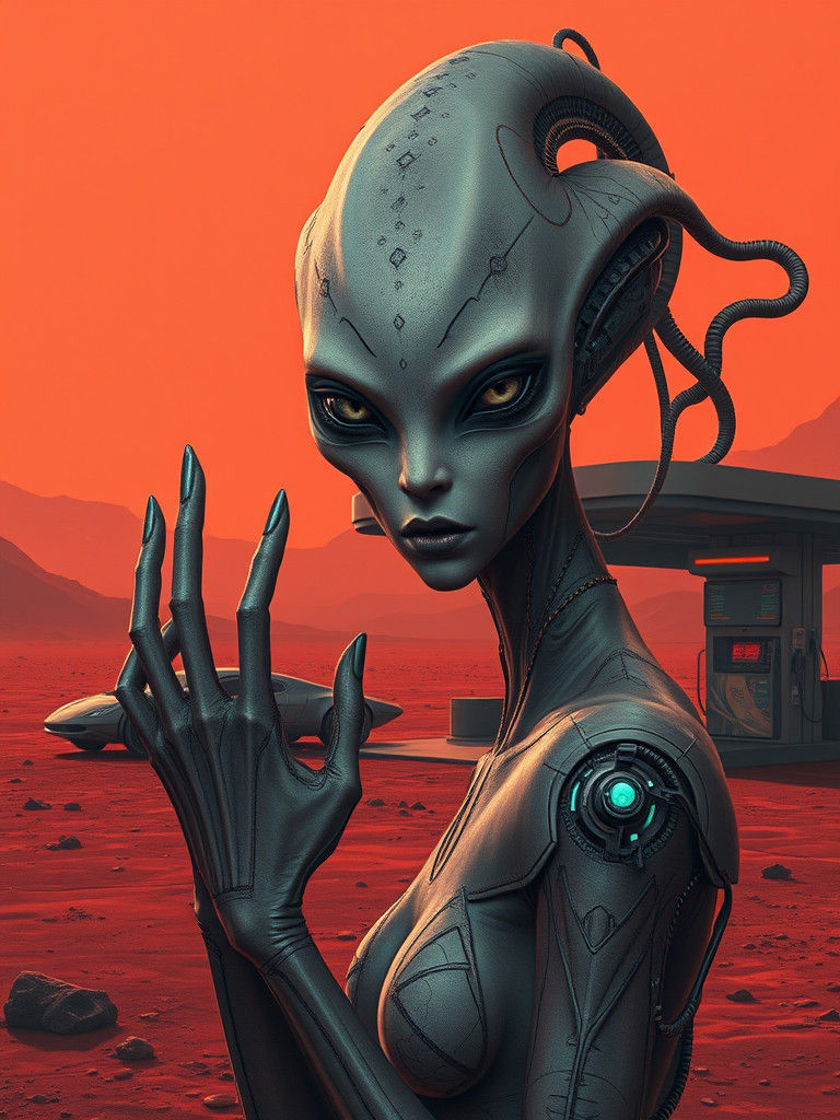 Biomechanical Alien Woman on Mars Gas Station