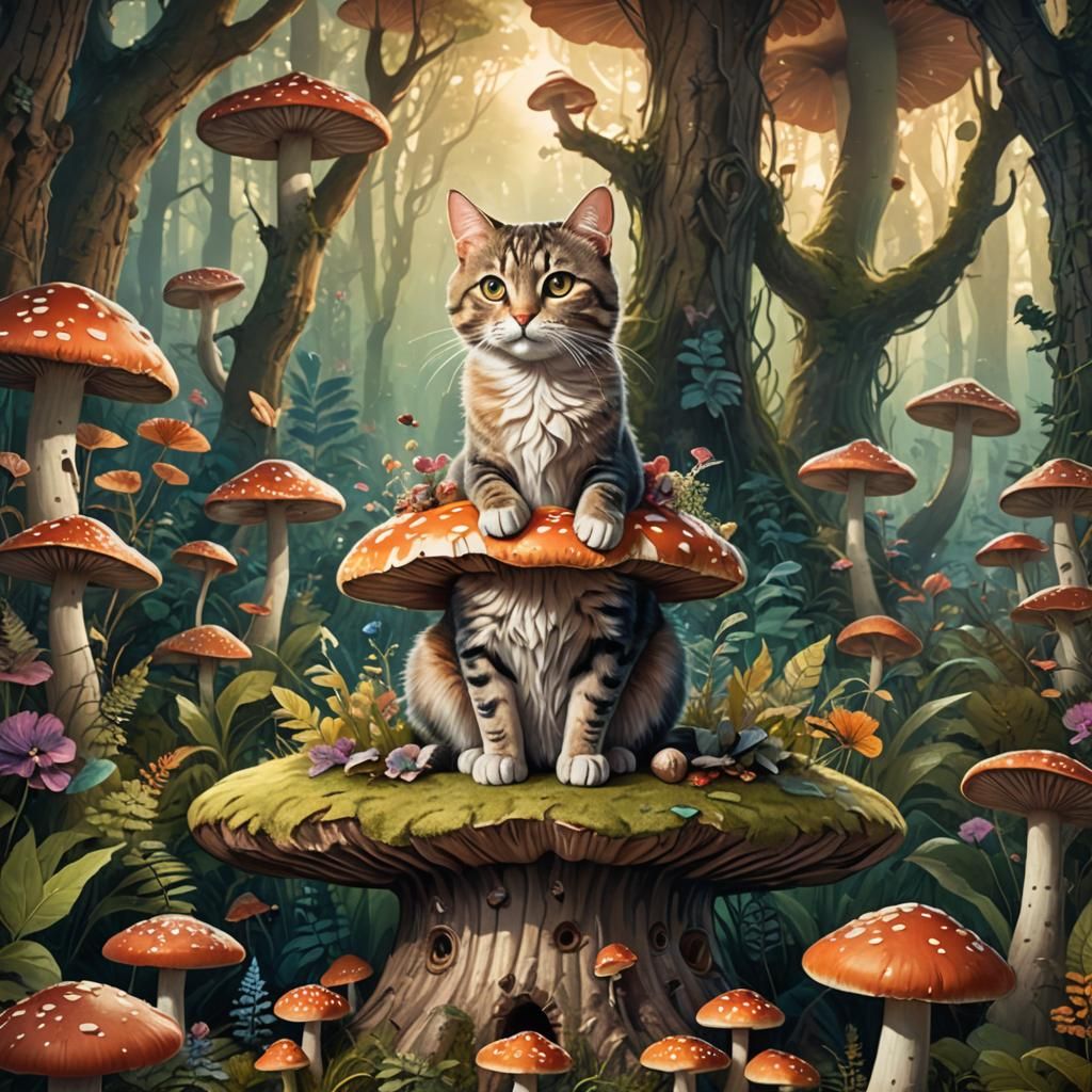 Cute Cat on Mushroom Throne in Dream Forest