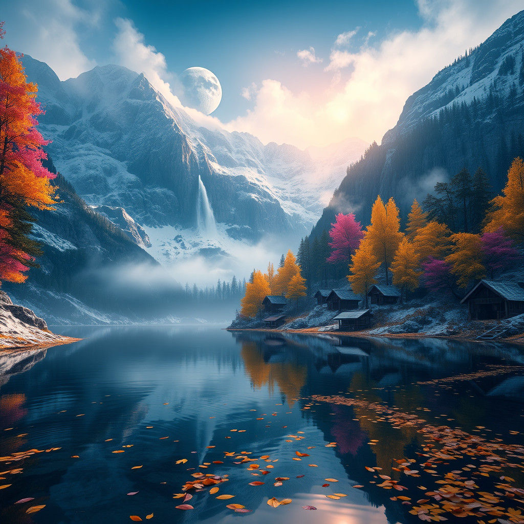 Moonlit Snow Lake with Yellow Trees, Fantasy Art