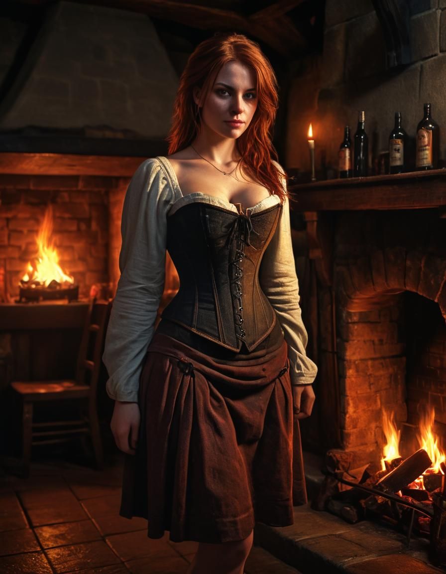 Chiaroscuro Oil Painting: Woman in Medieval Tavern