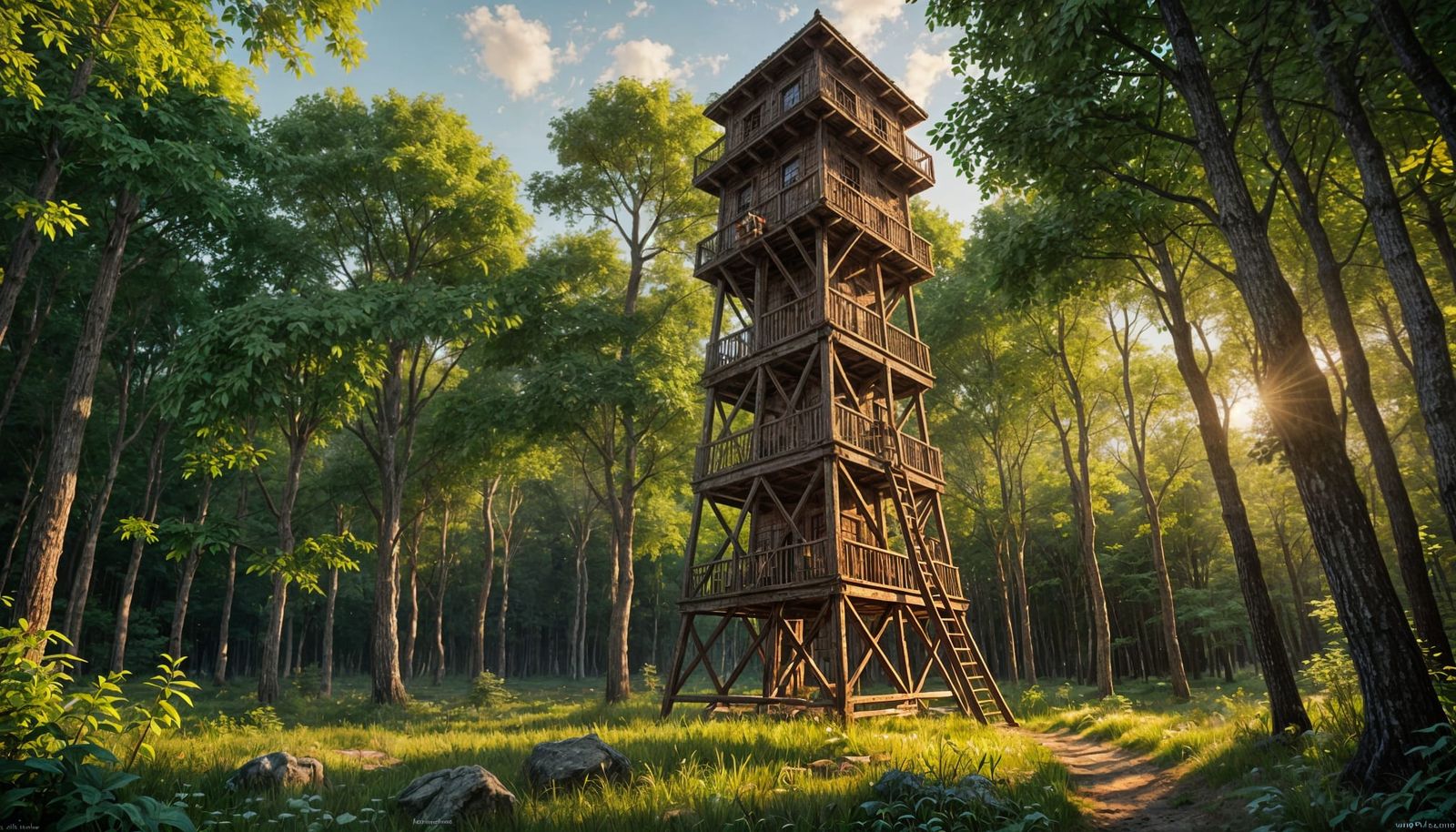 Rustic Wooden Tower in Forest: Detailed Matte Painting