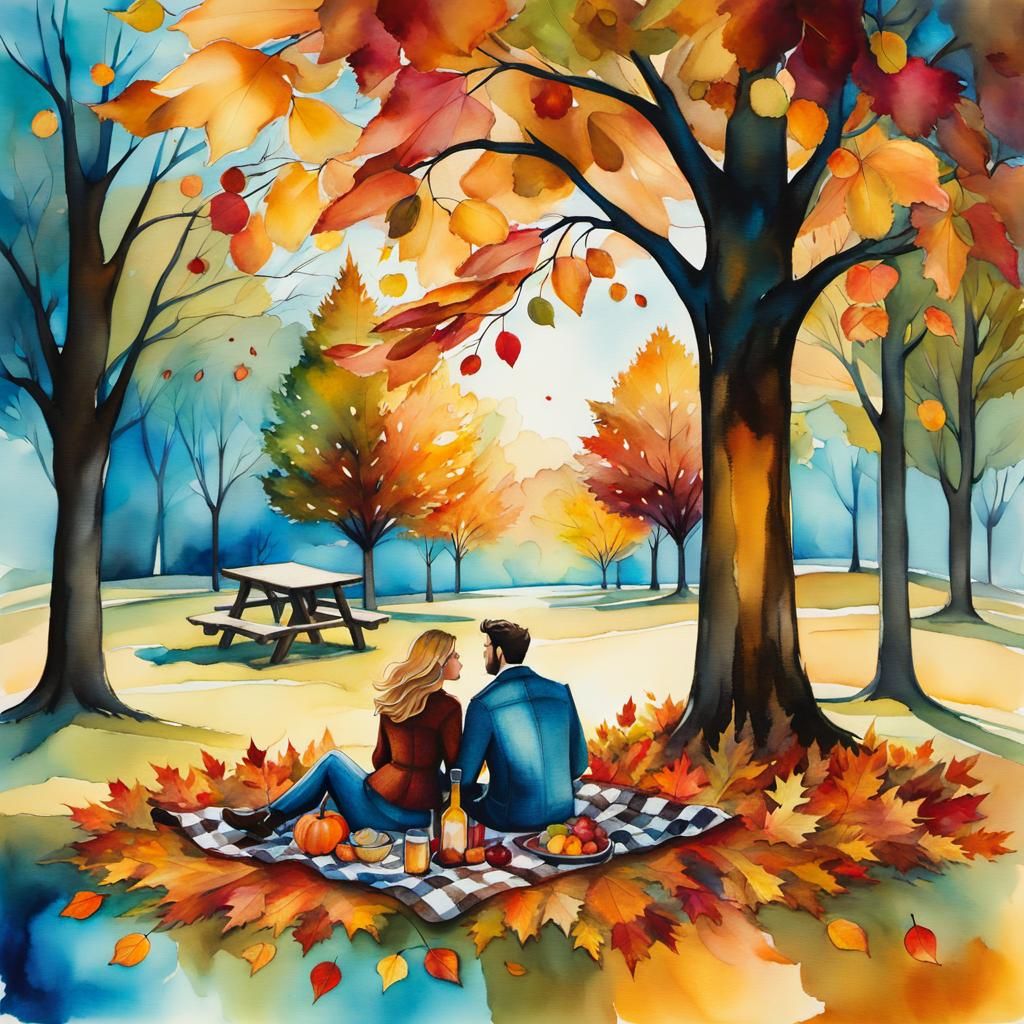 Whimsical Autumn Picnic: Alcohol Ink Illustration