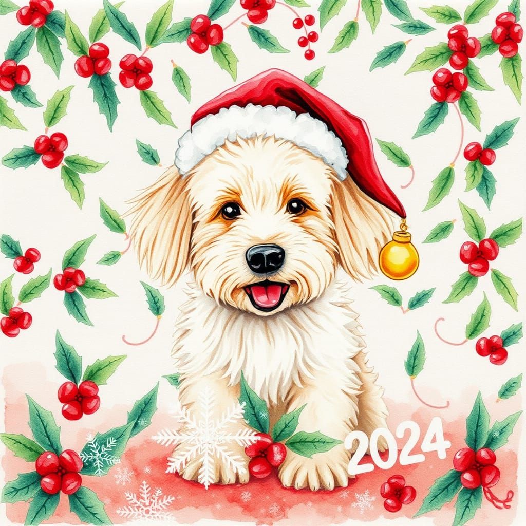 Festive Labradoodle in Santa Hat Watercolor Painting