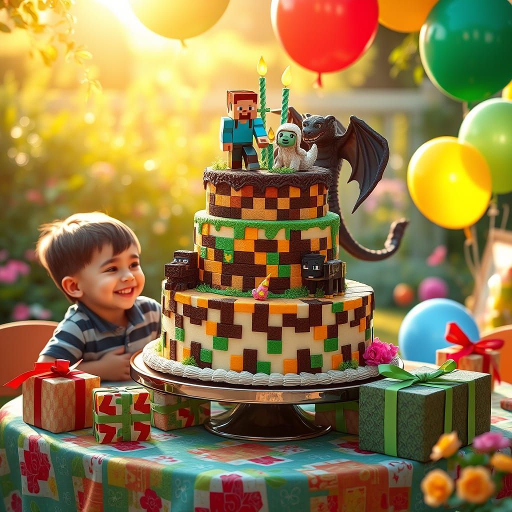 Minecraft Birthday Cake with Alex, Steve, and Friends in Whi...