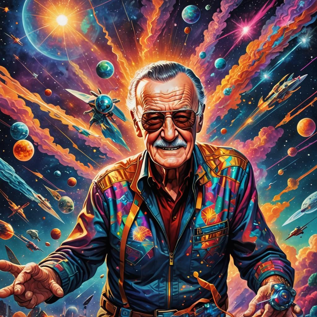 Stan Lee in Space with Superheroes, Astral Illustration