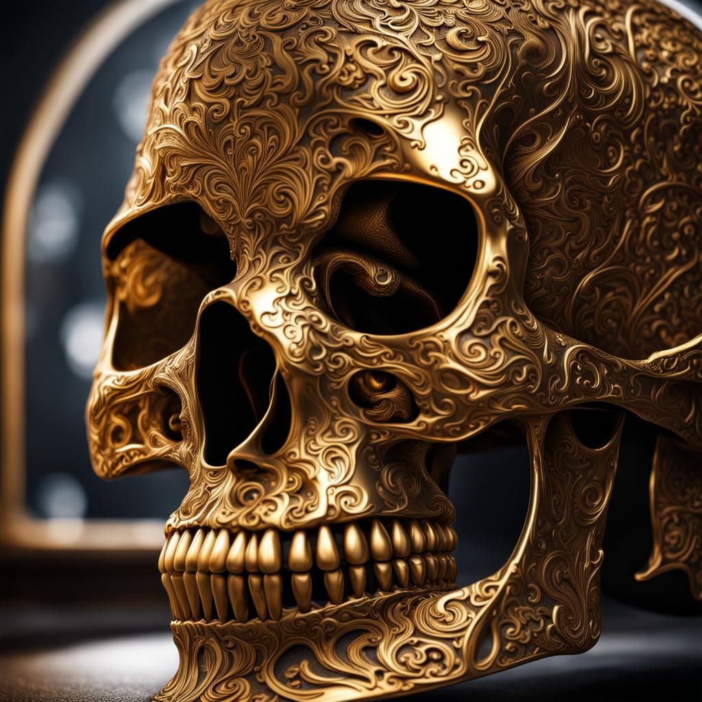 Hyperrealistic Gold Skull with Intricate Details