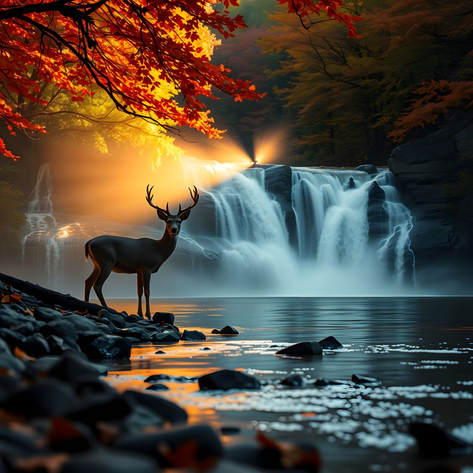 Golden Hour Autumn Waterfall with Lone Deer
