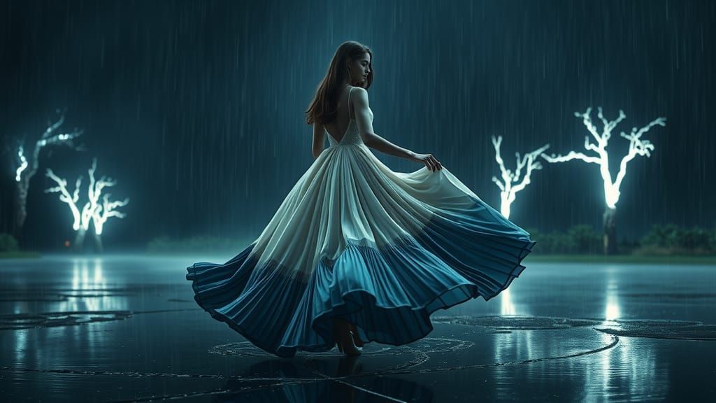 Woman Dancing in Rain, Ethereal 3D Render