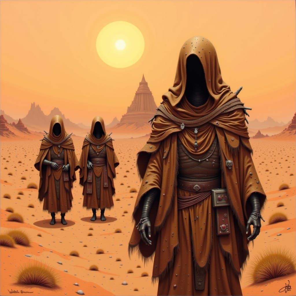 Jawa Figures on Tatooine at Sunset as Concept Art