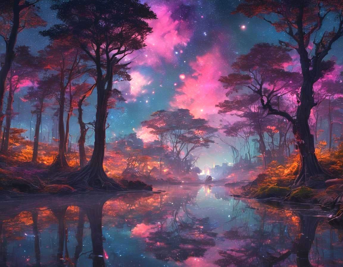 Enchanted Midnight Forest with Nebula Sky, Digital Art