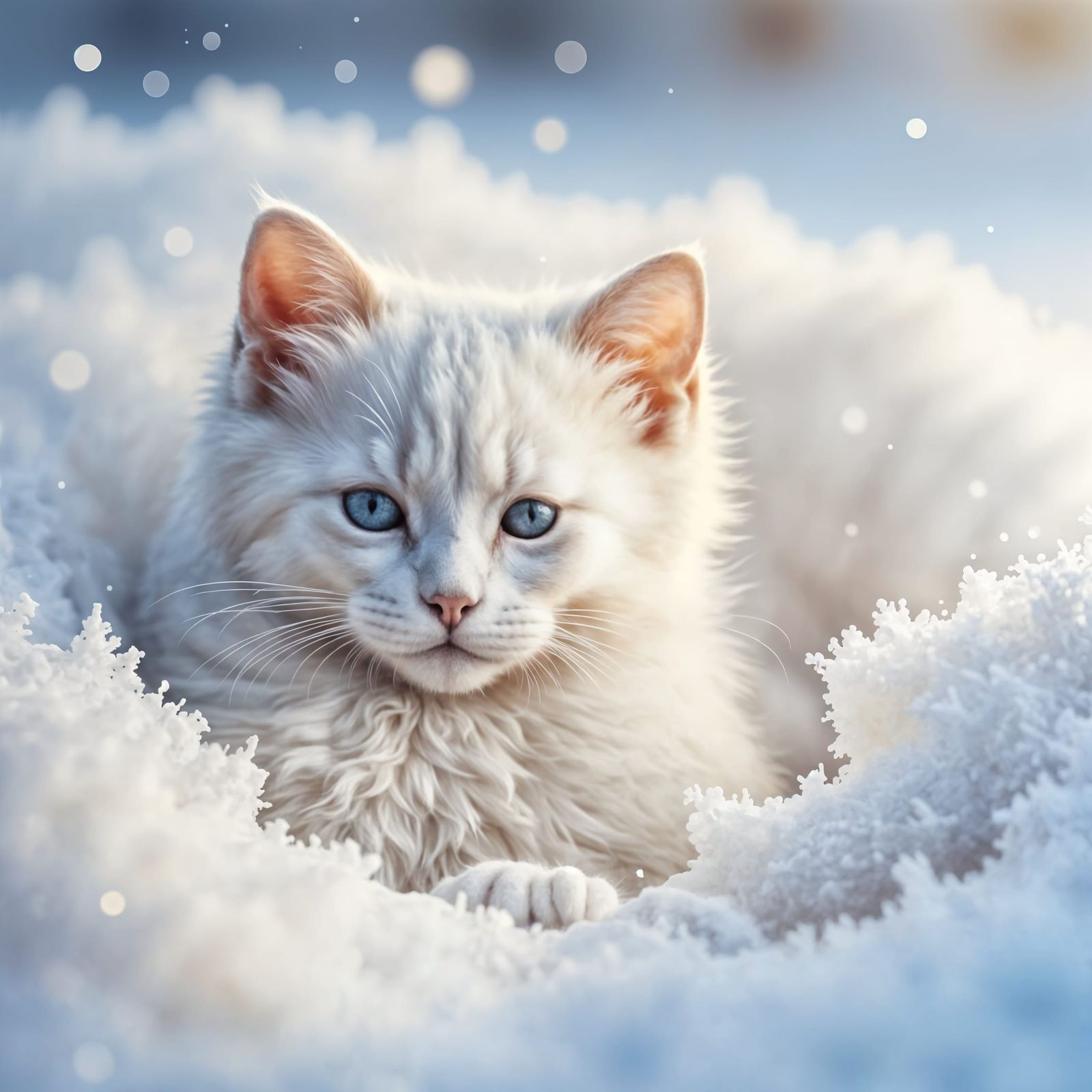 Fluffy White Cat in Winter Snow