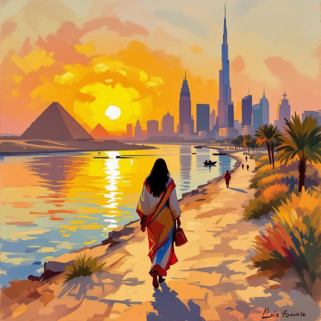 Egyptian Woman Walks Nile as Impressionist Painting