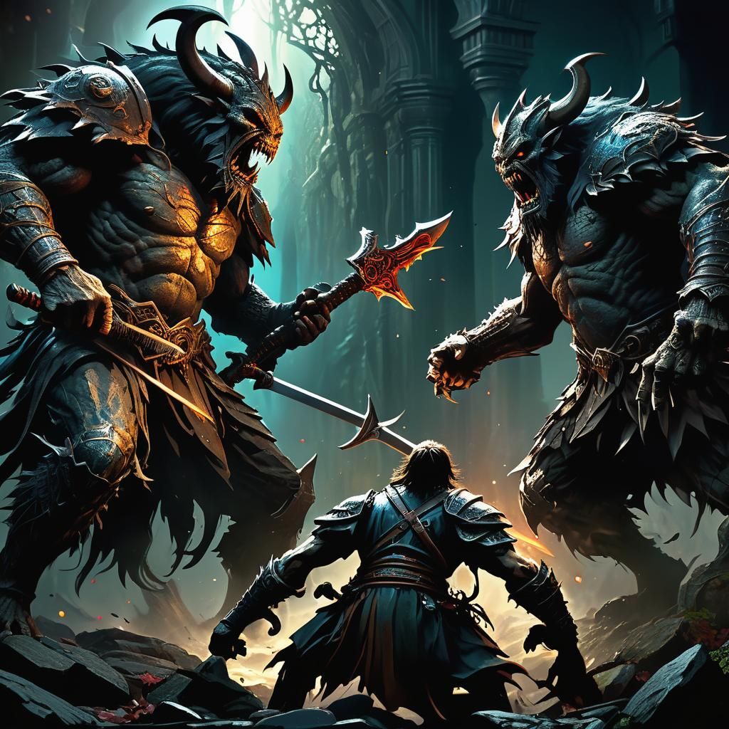 Epic Monster Battle in Dark Fantasy Style