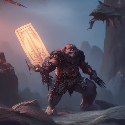 Half-Ogre Dual-Wielding Axes in Detailed Matte Painting