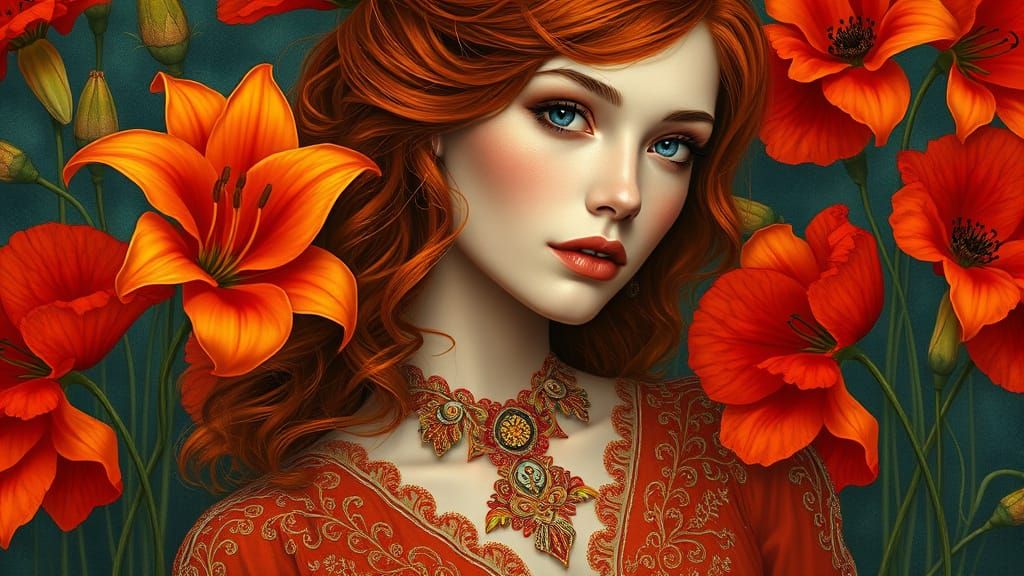 Graceful Redhead in Art Nouveau Illustration