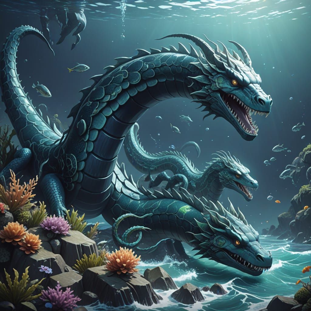Vibrant Sea Serpent Family in Stunning 3D Anime Art