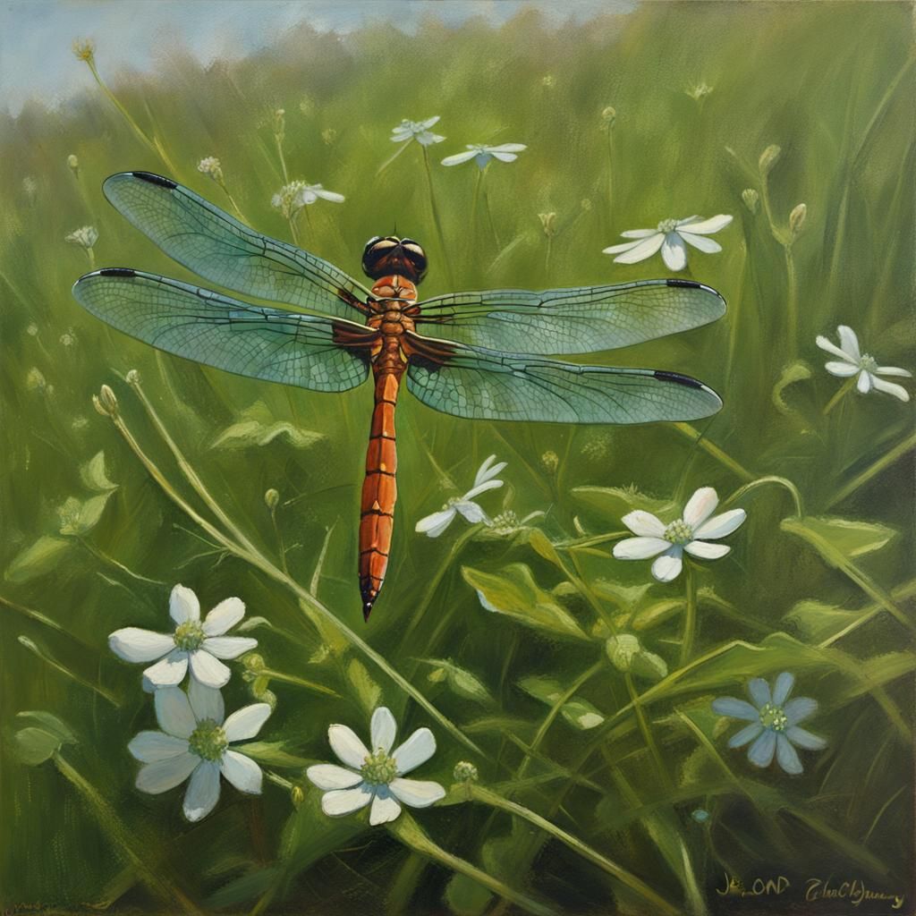 Dragonfly over Chickweed in Oil Painting Style