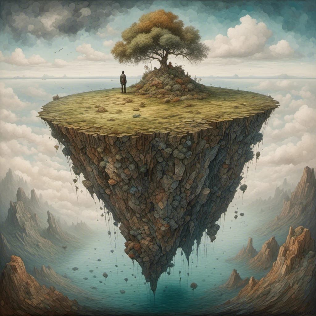 Figure Gazing into Void on Floating Island