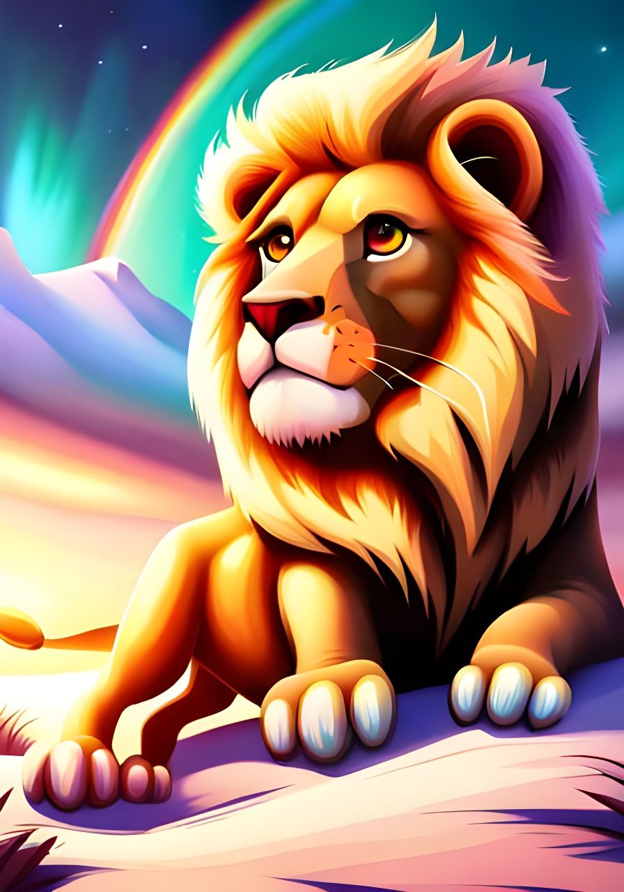 Adorable Lion in Dreamland: Digital Rainbow Painting
