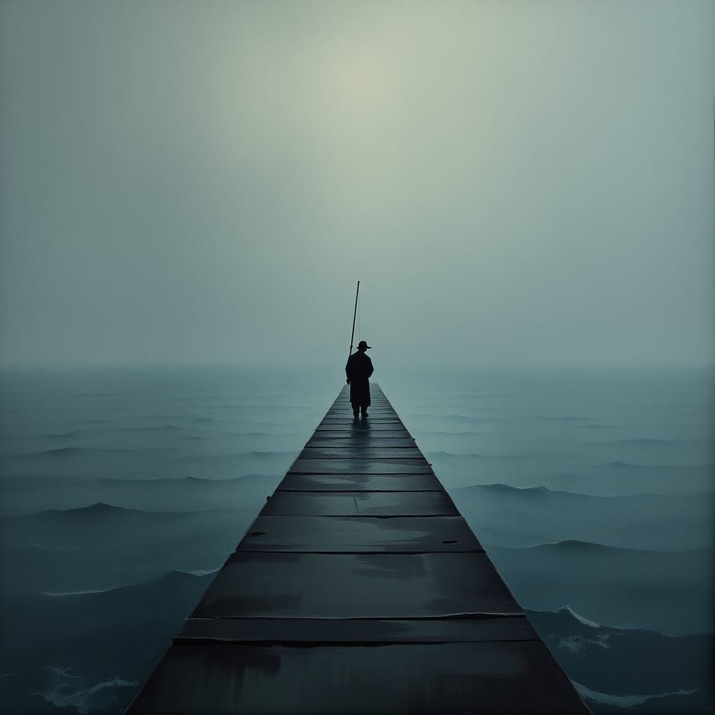 Fisherman on Pier: Tonalist Painting with Japanese Influence...