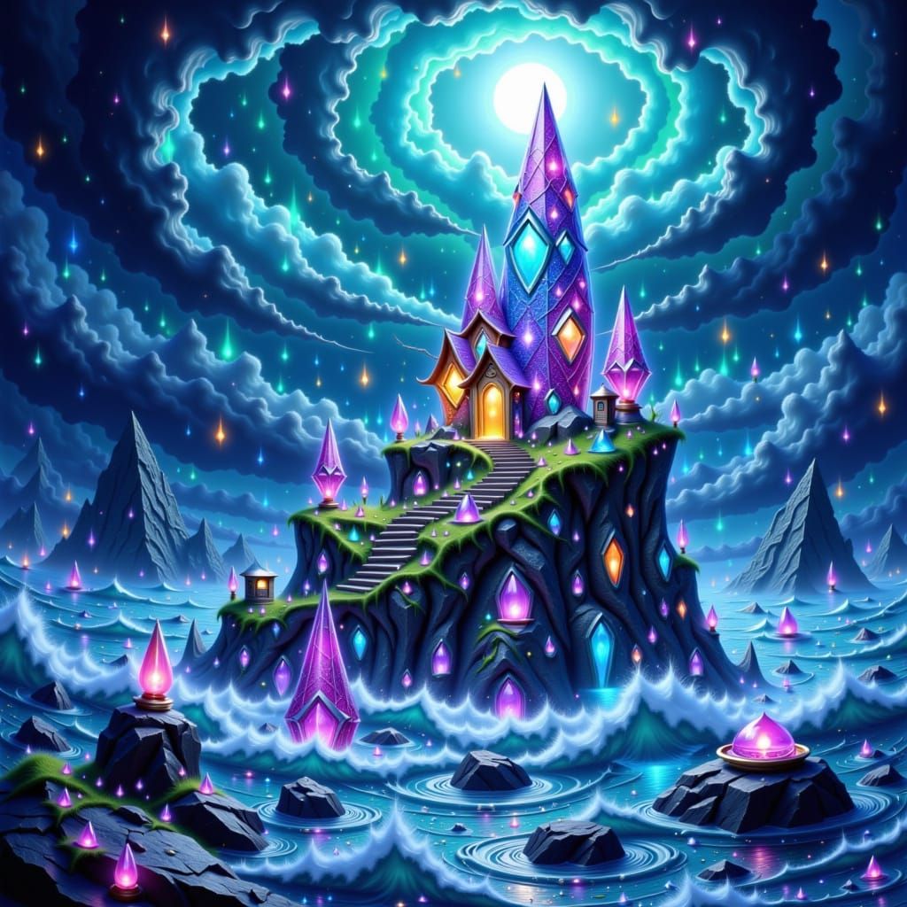 Gemstone Lighthouse on Stormy Sapphire Sea