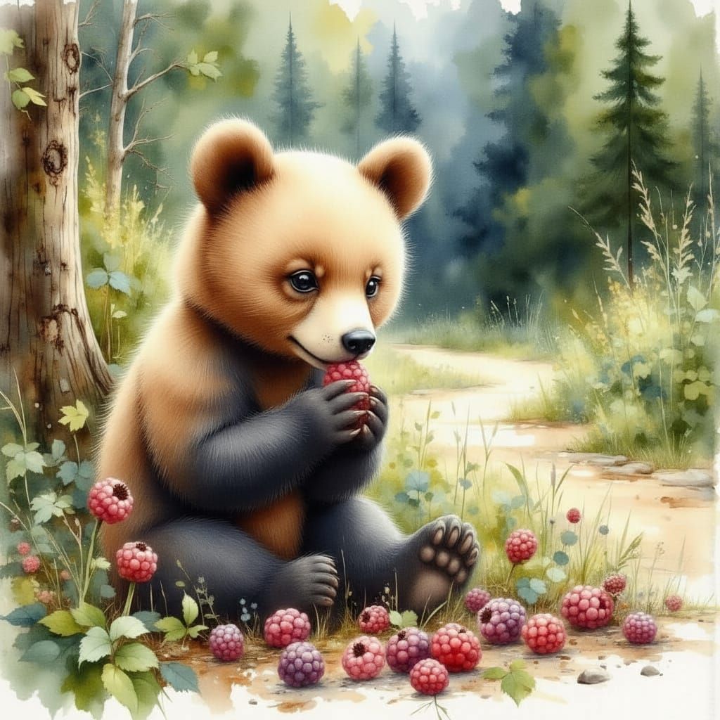 Bear Cub Enjoys Raspberries in Forest Patch