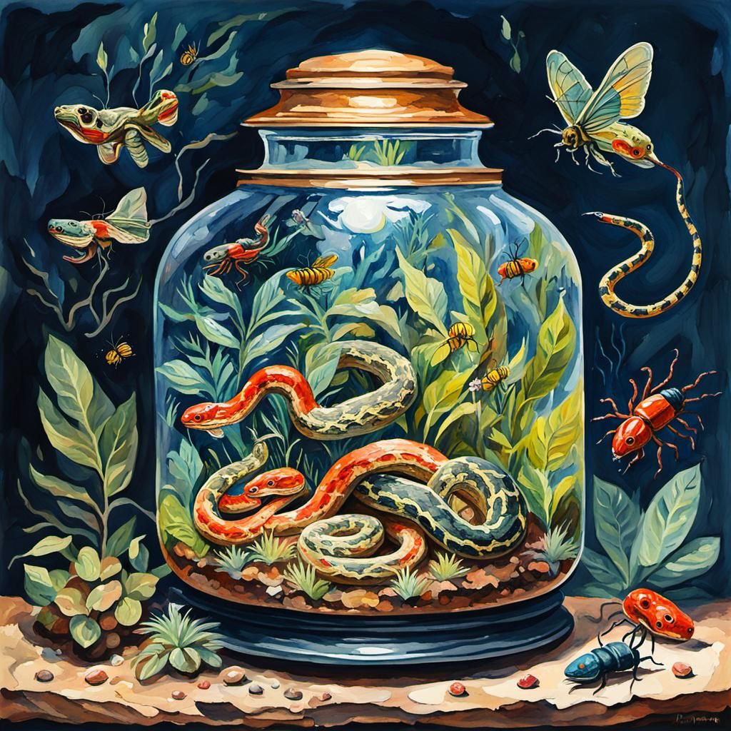 Terrarium Snakes and Insects in Gouache Style