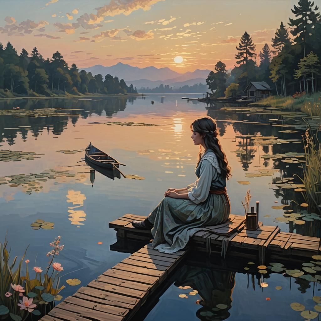 Maiden by Lake: Cubist Woodcut in Fairycore Twilight