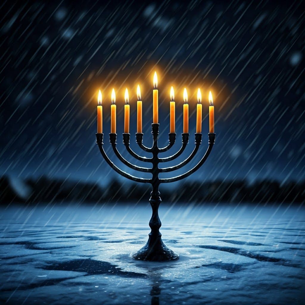 Winter Hanukkah Scene in Rainy Weather