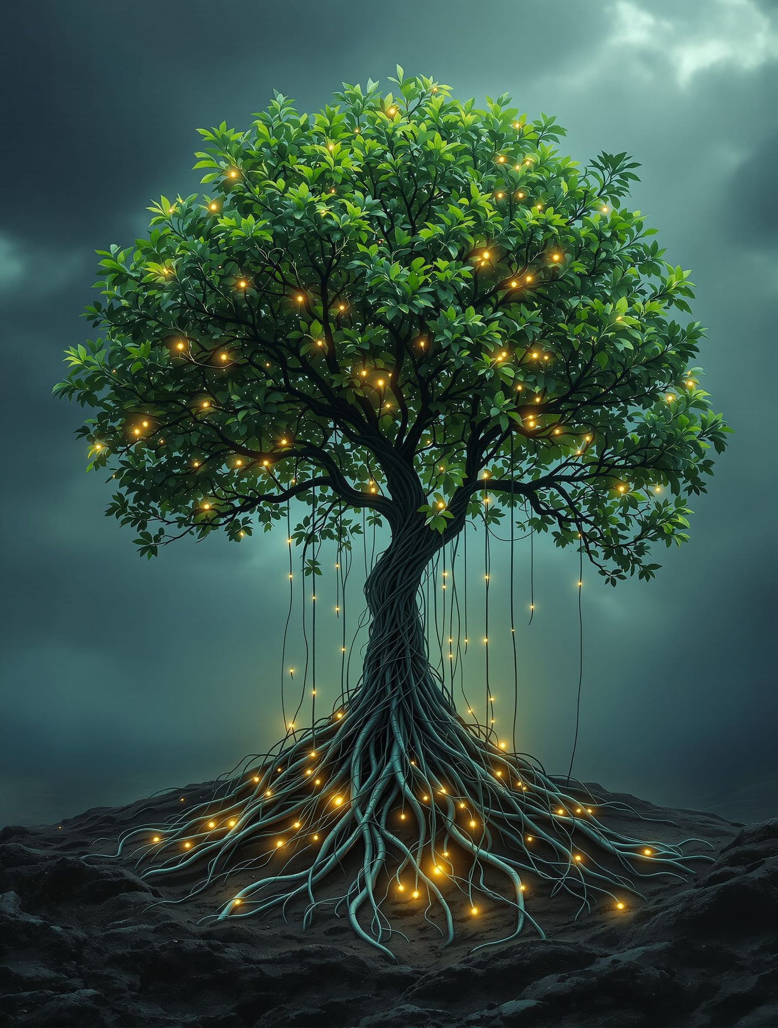 Thriving Tree with Cybernetic Roots in Atmospheric Realism