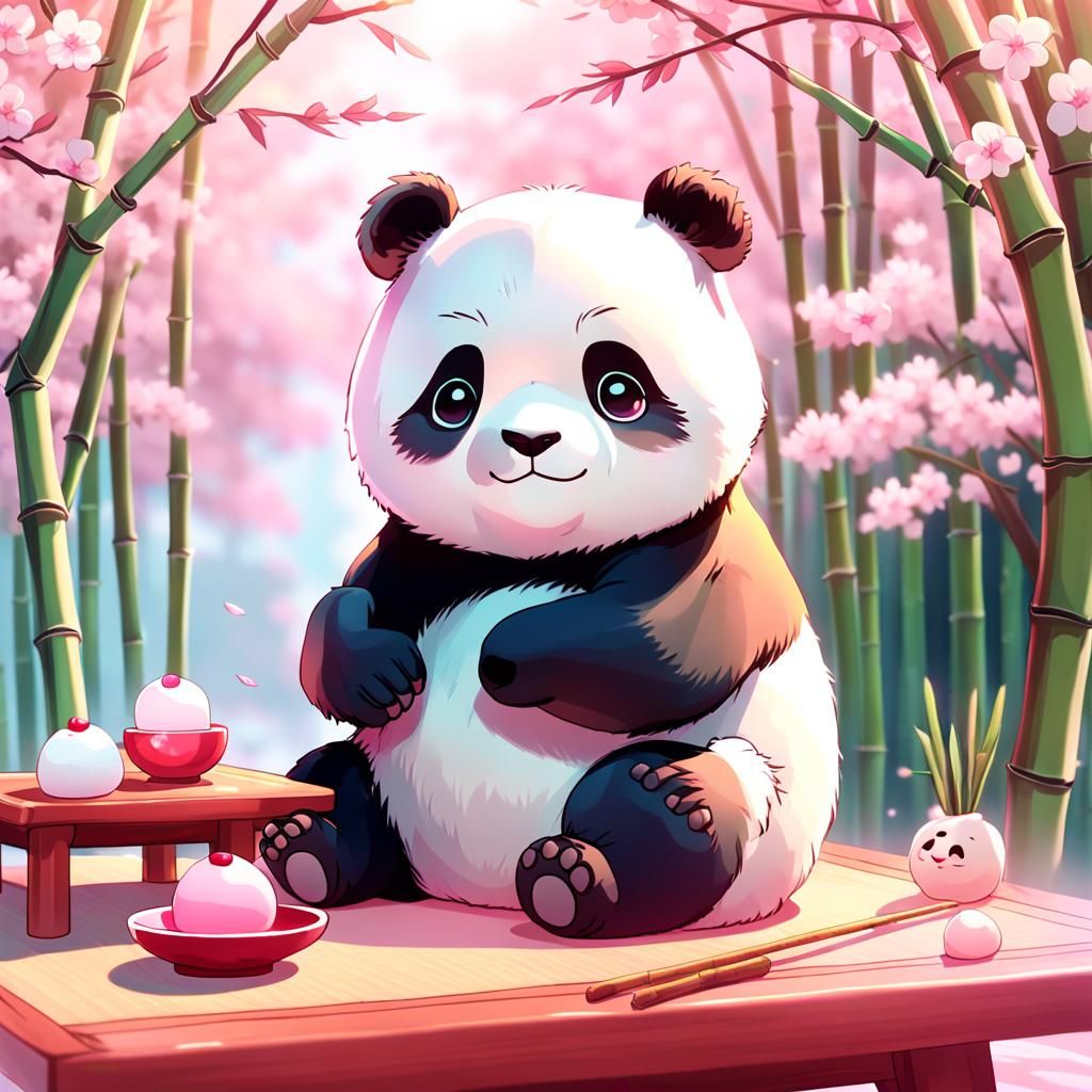 Adorable Mochi Panda on Japanese Table, Digital Art