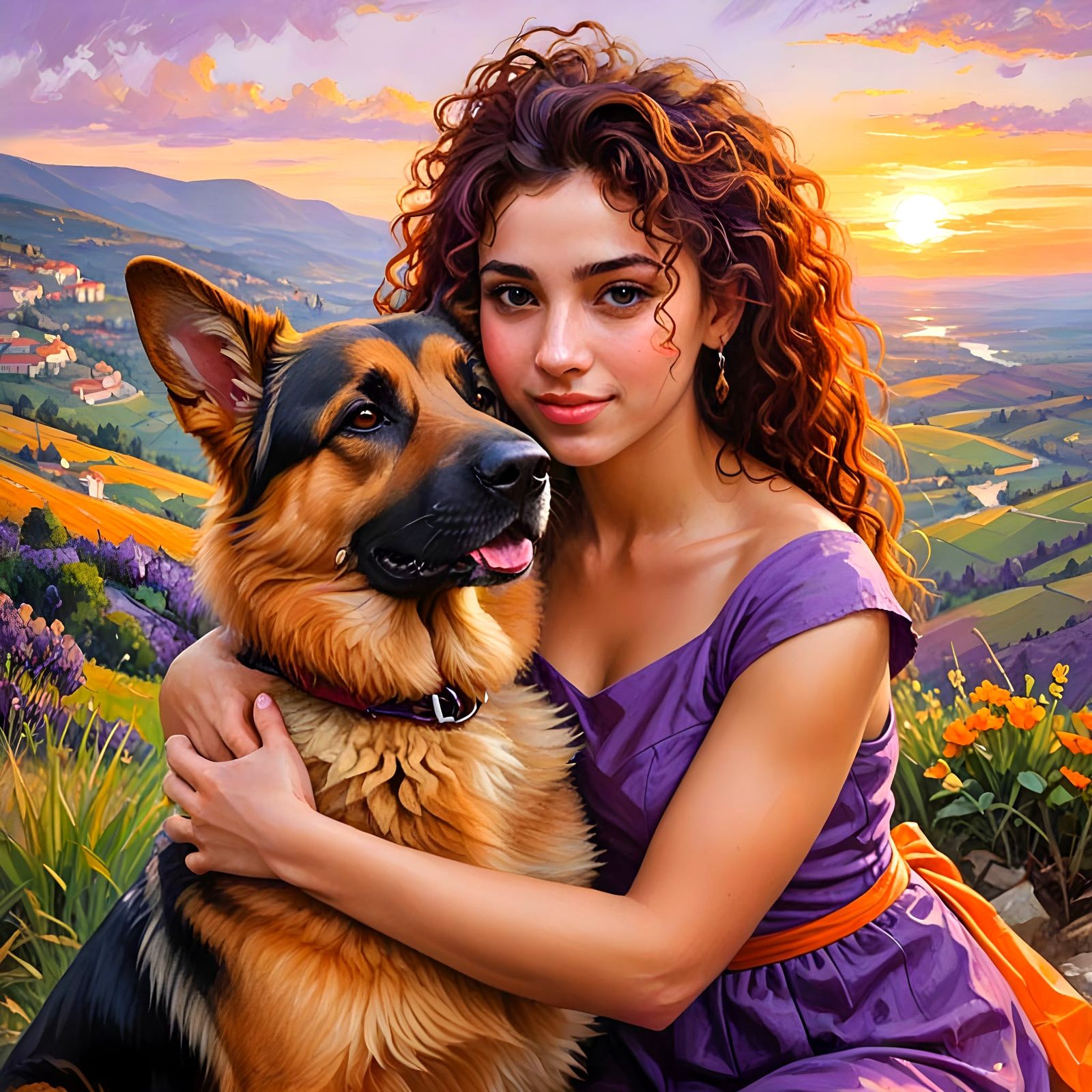 Warm Sunset Hug with German Shepherd and Curly Girl