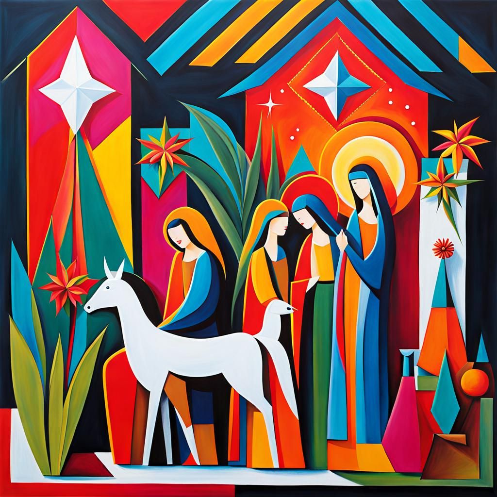 Bright Acrylic Nativity Scene with Bold Geometric Forms