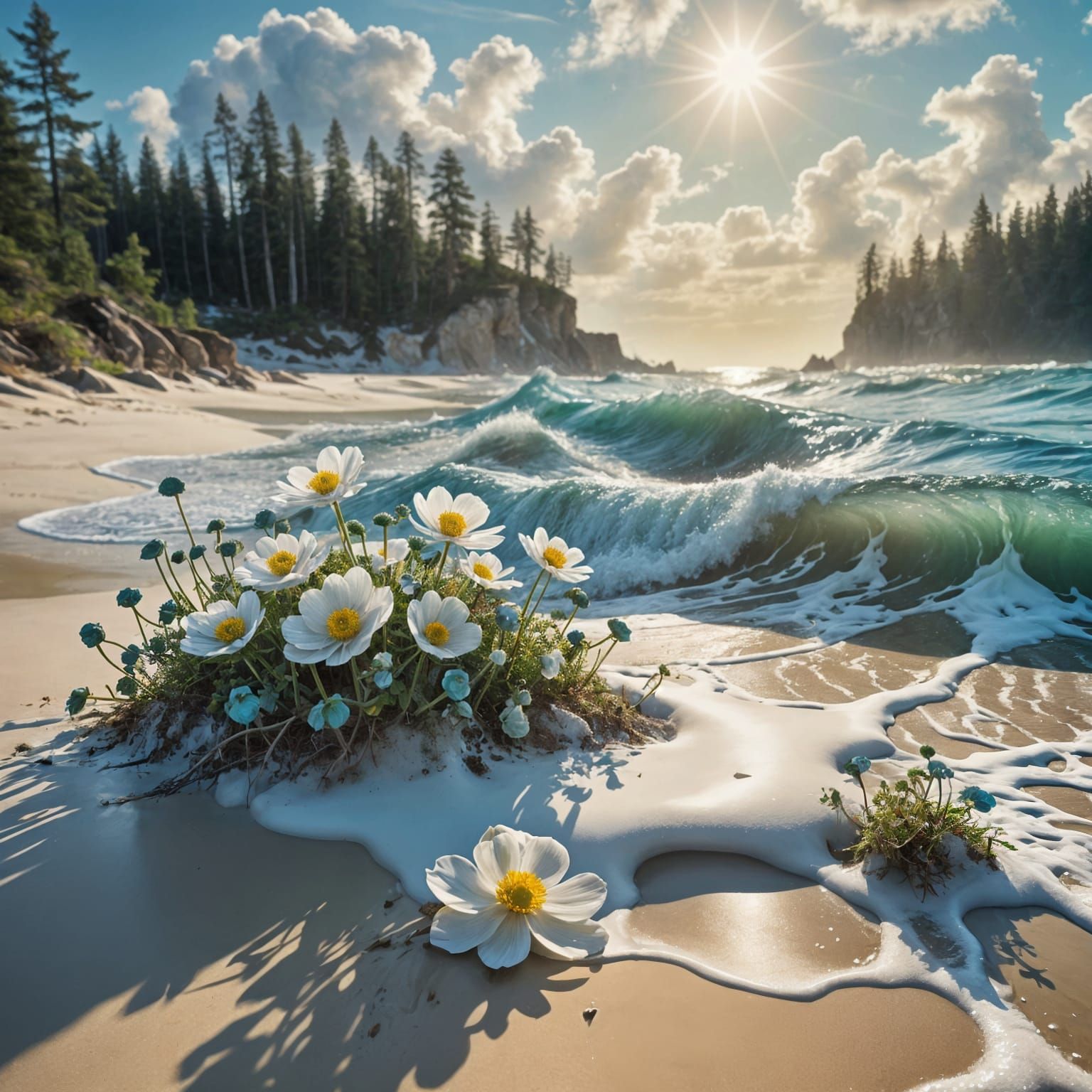 Surreal Beach Scene with Anemones in a Cyberpunk Aesthetic