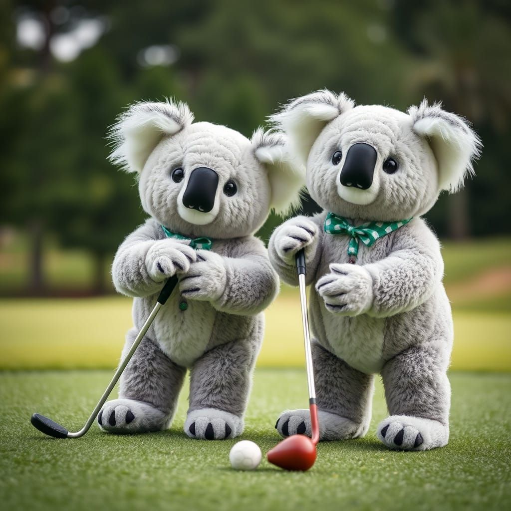 Two Koalas Tee Off on a Serene Golf Course