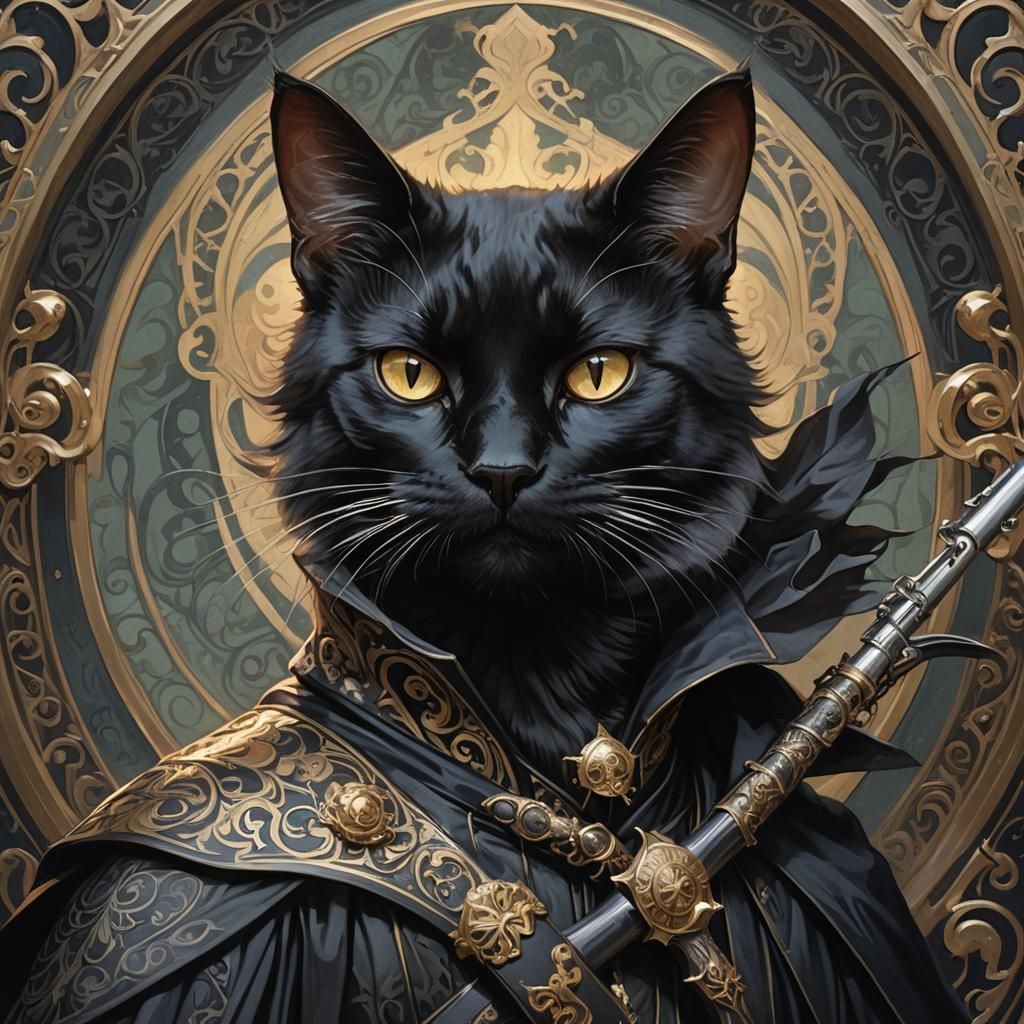 Anthropomorphic Black Cat Wielding Blunderbuss, Art Nouveau ...