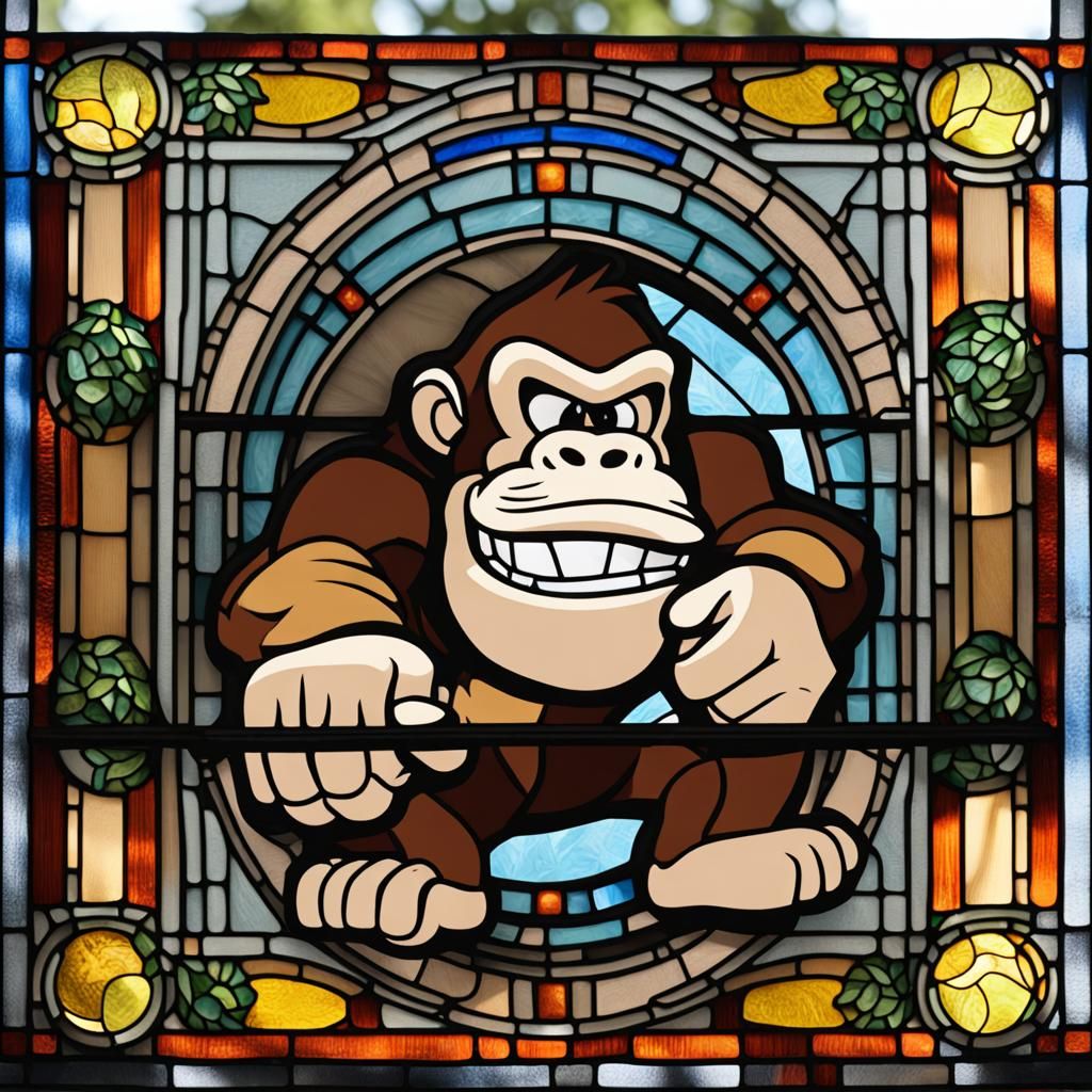 Donkey Kong Throwing Barrel in Stained Glass
