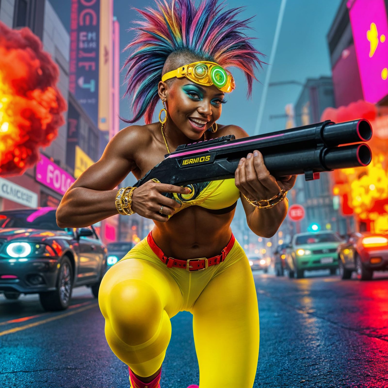 Cyberpunk Woman with Glowing Visor Fires Shotgun