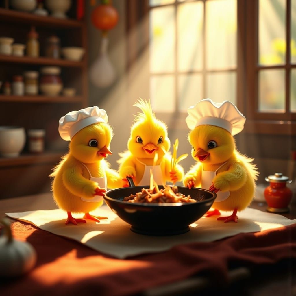 Golden Chick Chefs in Cozy Kitchen, Pixar Style