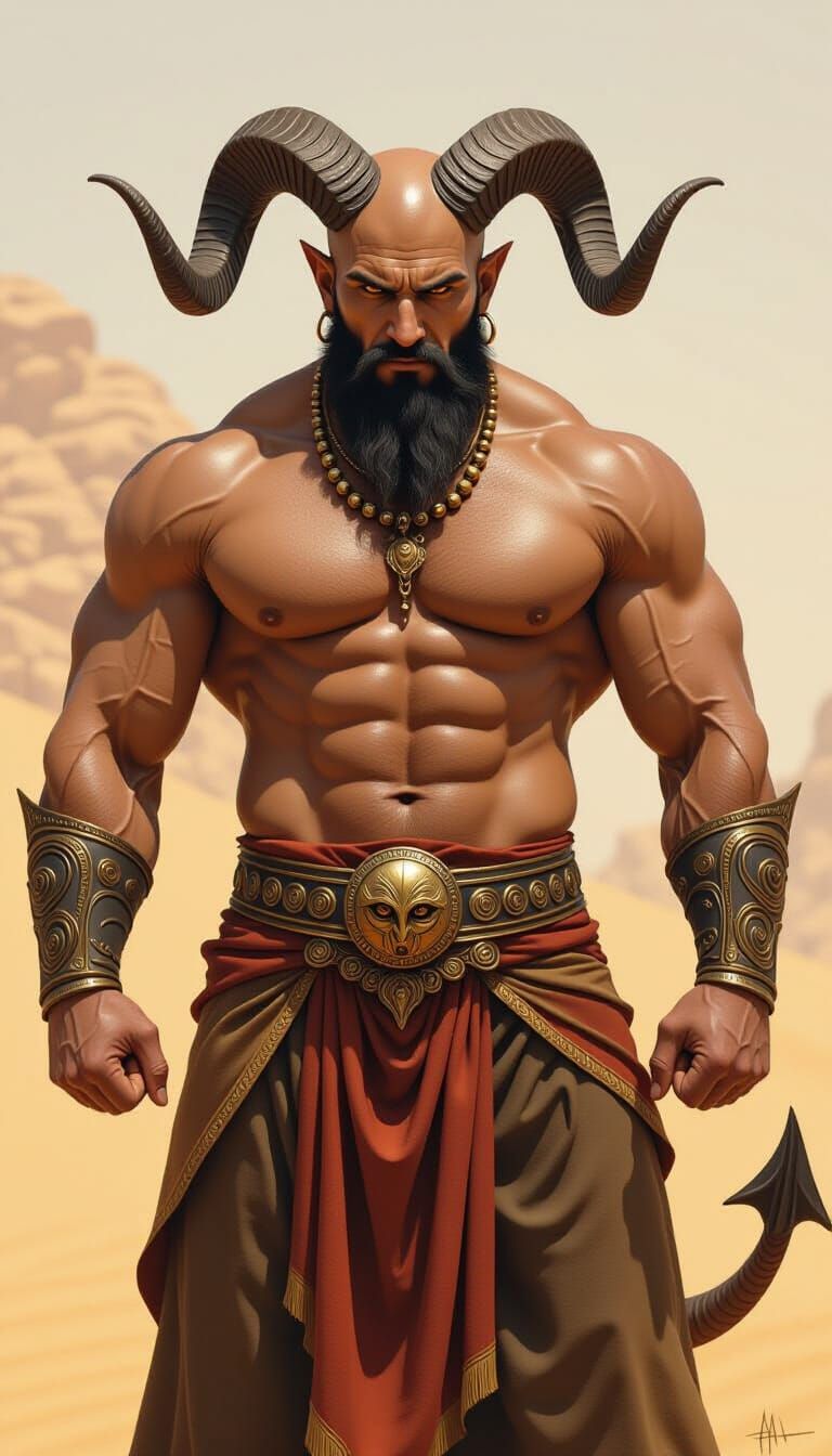 Muscular Persian Djinn with Fiery Eyes and Horns
