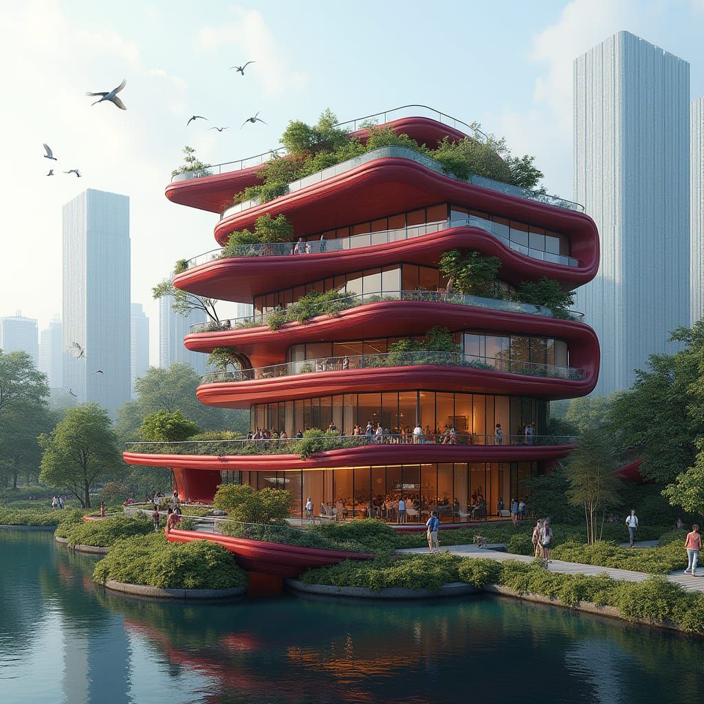 Futuristic Flower Building with Red Glass and Wood