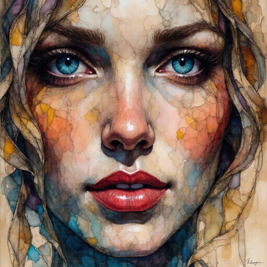 Abstract Expressionist Portrait with Icy Blue Eyes