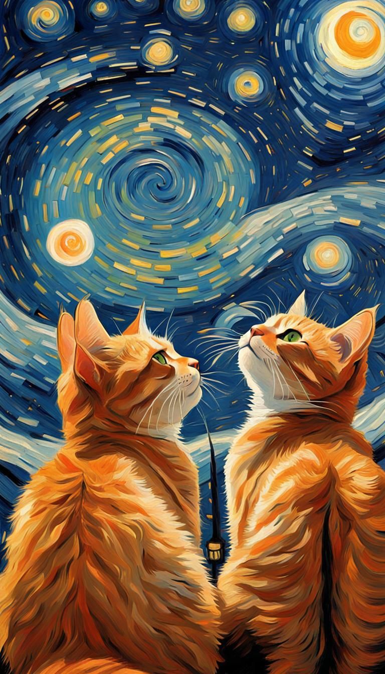 Orange Cats Gaze at Starry Night in Van Gogh Style