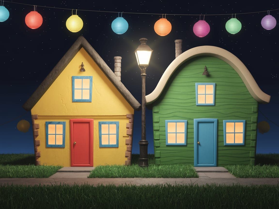 Quirky Cartoon Homes Under Starry Whimsy