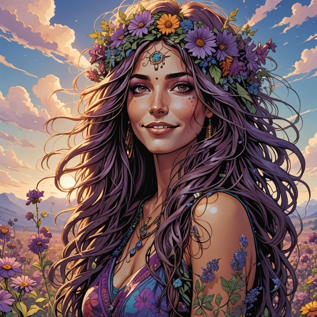 Gorgeous Hippy Woman with Flowers: Comic Book Art