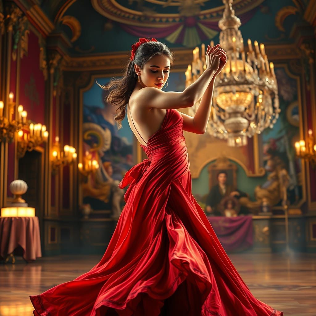 Woman Dancing in Grand Ballroom with Vibrant Background