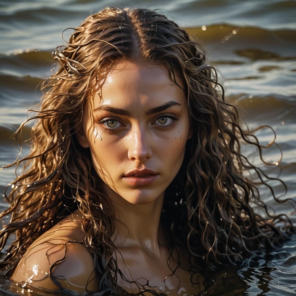 Nymph in Water with Golden Light, Oil Painting