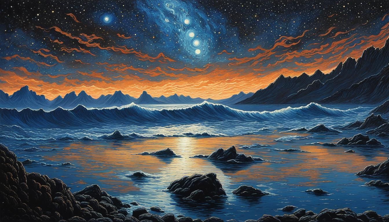 Starry Sea Reflection: A Claude Monet Inspired Gouache Paint...