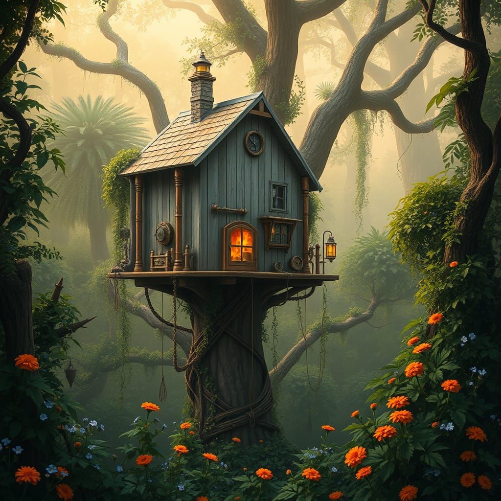 Whimsical Steampunk Treehouse Amidst Amazon Rainforest Canop...