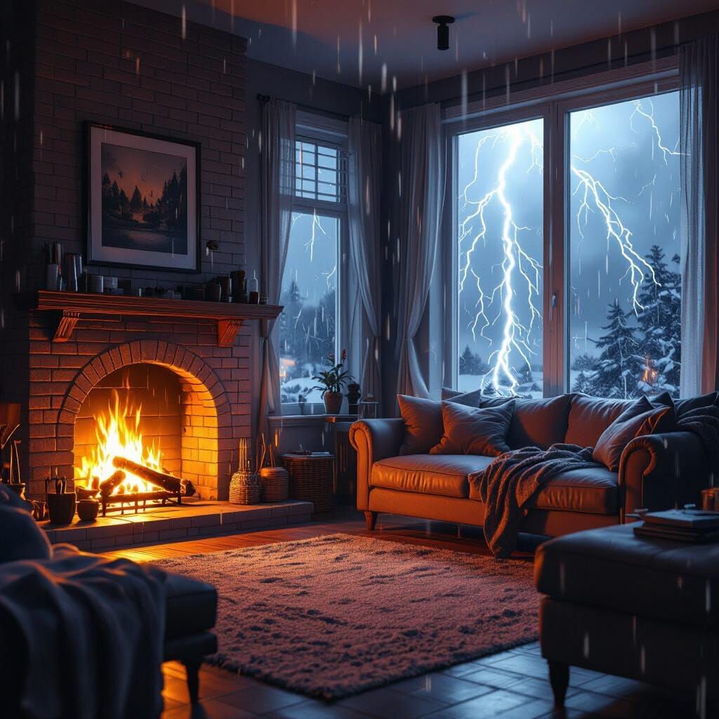 Rainstorm Disrupts Cozy Living Room in Retro-Futuristic Styl...